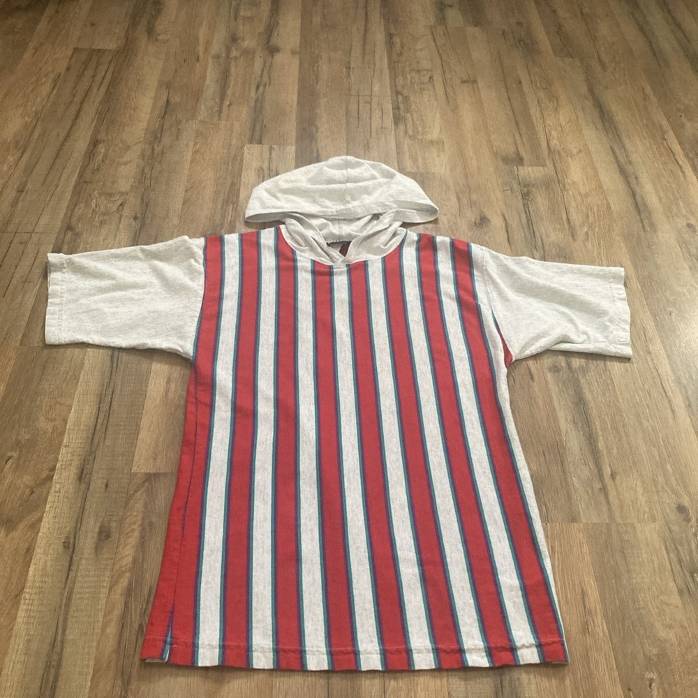 Vintage Red Striped Short Sleeve Boxy Fit 90s Hooded Tee T-Shirt Retro Kids XL
